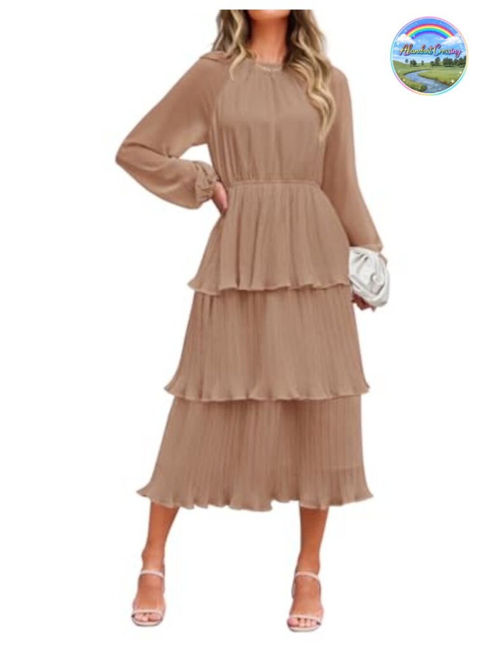 Chiffon Tiered Long Sleeve Midi Dress Crew Neck Lantern Sleeve